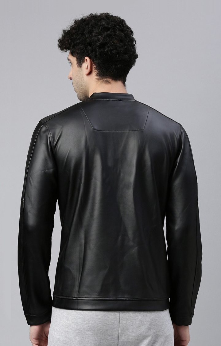 Men's Black Polyester Solid Leather Jacket