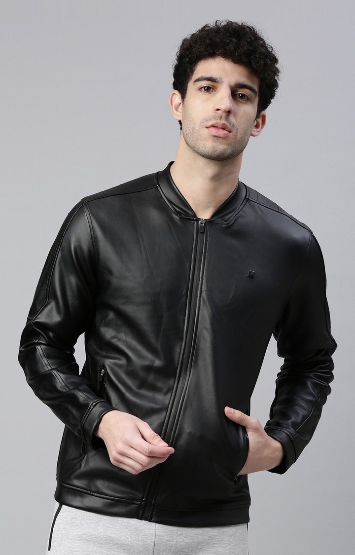 Proline | Men's Black Polyester Solid Leather Jacket