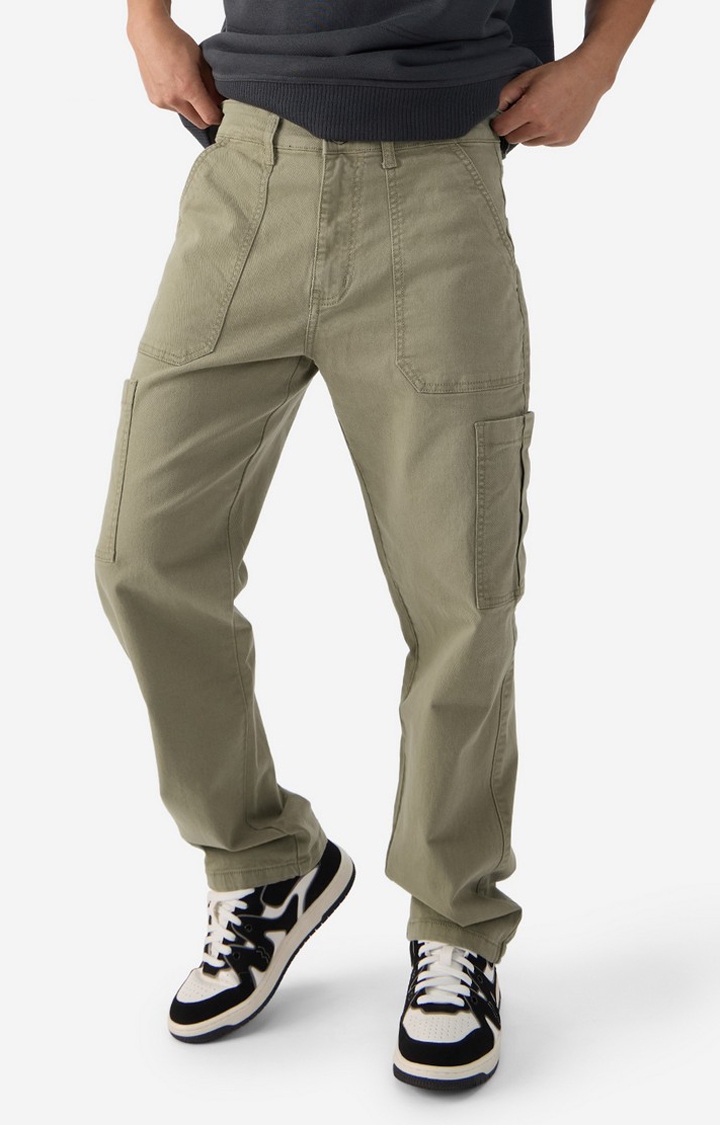 The Souled Store | Men's Solids Light Olive Cargo Jeans