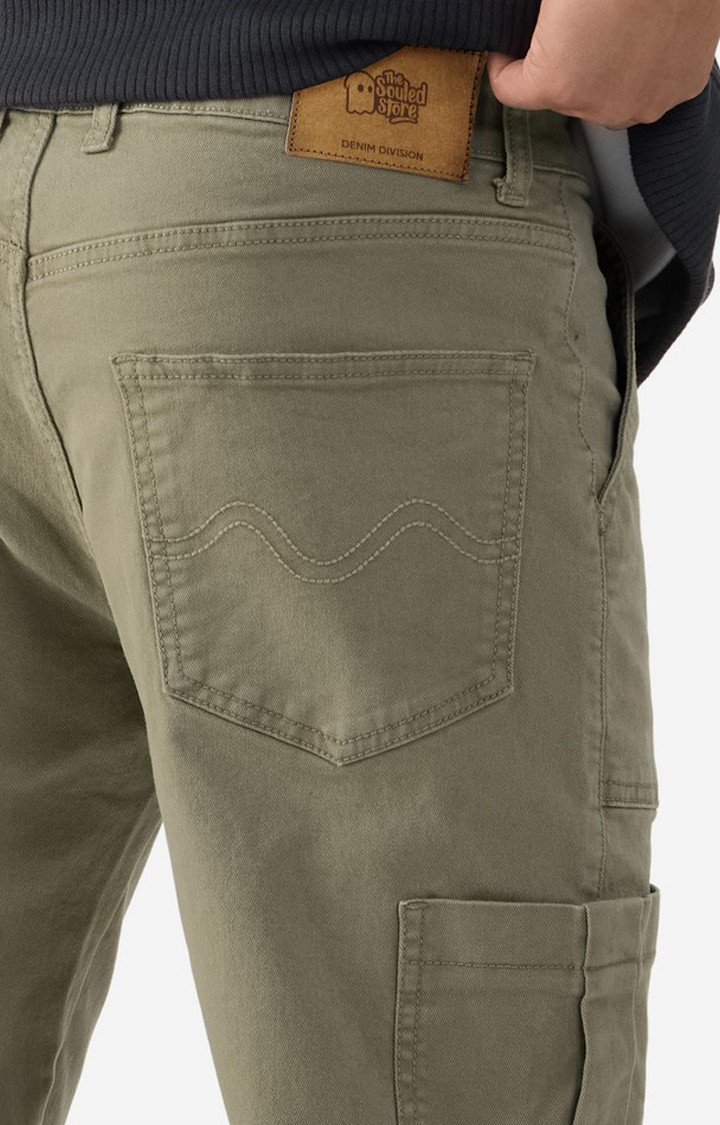 Men's Light Olive Cotton Blend Solid Cargos