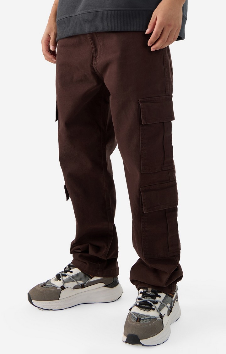The Souled Store | Men's Solids Decadent Chocolate Cargo Jeans