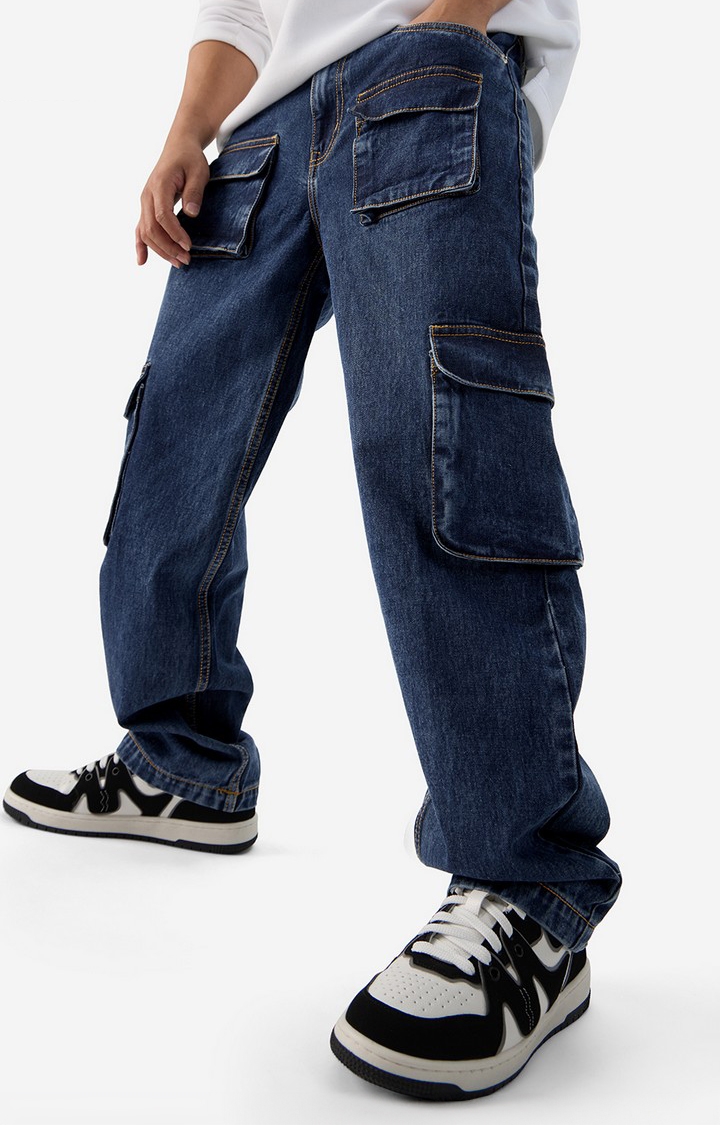 The Souled Store | Men's Solids Brady Blue Cargo Jeans