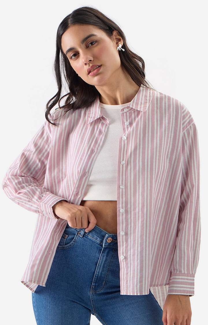 The Souled Store | Women's Solids: Coral Stripes Women's Boyfriend Shirts