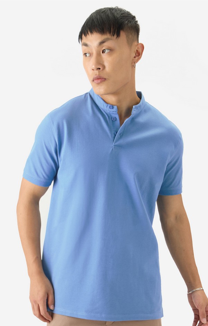 The Souled Store | Men's Solids Zen Blue Mandarin Polo T-Shirt
