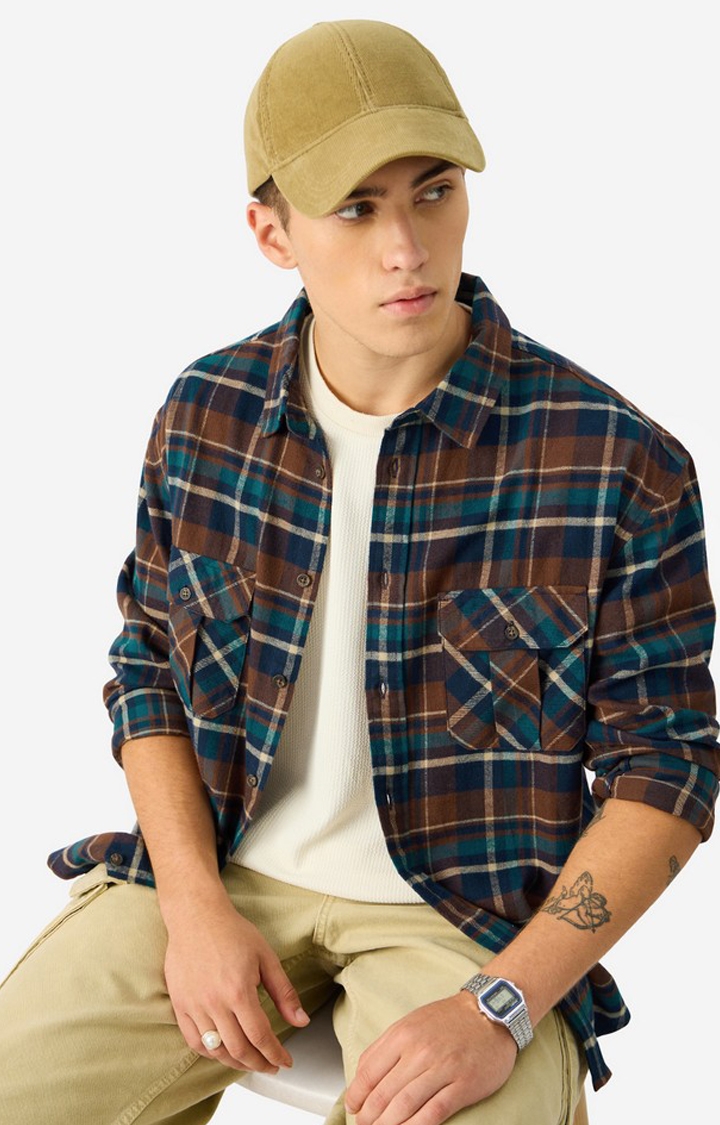 Men's Brown And Navy Relaxed Casual Shirt