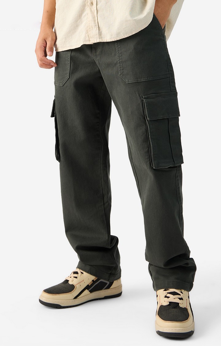 The Souled Store | Men's Solids Olive Cargo Jeans