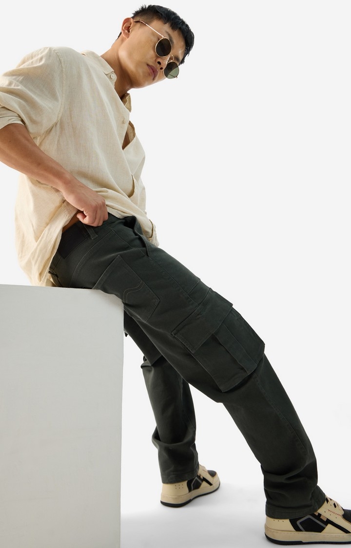 Men's Solids Olive Cargo Jeans