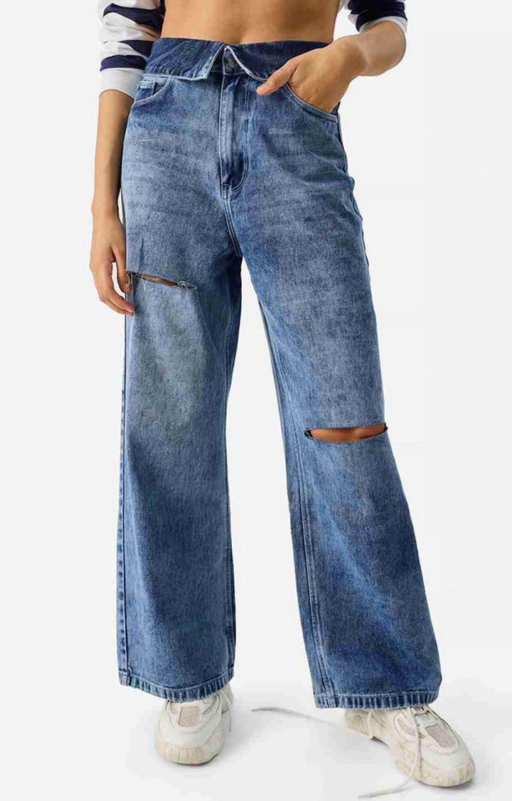 Women's Frosty Blue Polycotton Solid Wide Leg Jeans