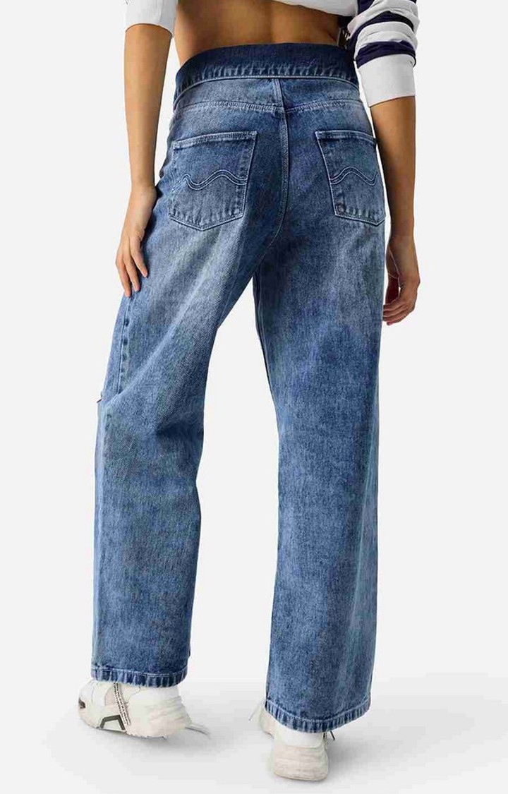 Women's Frosty Blue Polycotton Solid Wide Leg Jeans