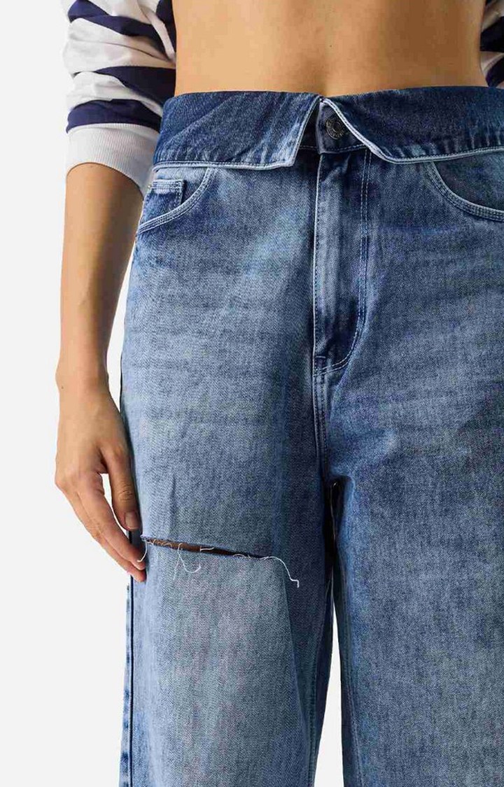 Women's Frosty Blue Polycotton Solid Wide Leg Jeans