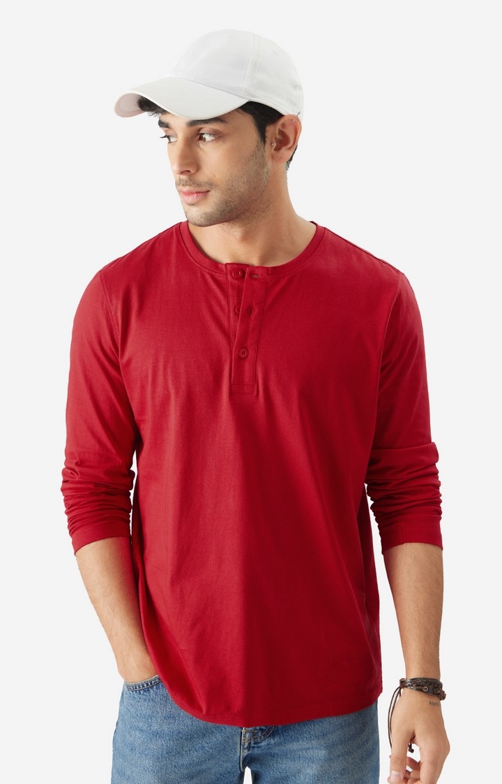 The Souled Store | Men's Solids: Red Henley T-Shirt