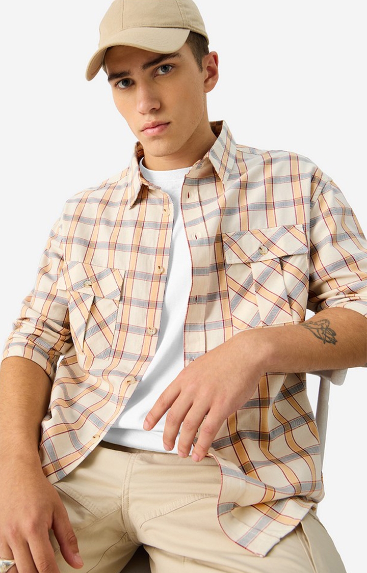 Men's Cream, Orange, Grey Utility Casual Shirt
