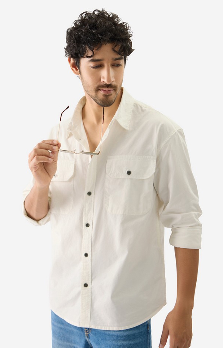 The Souled Store | Men's Solids Off White Utility Casual Shirt