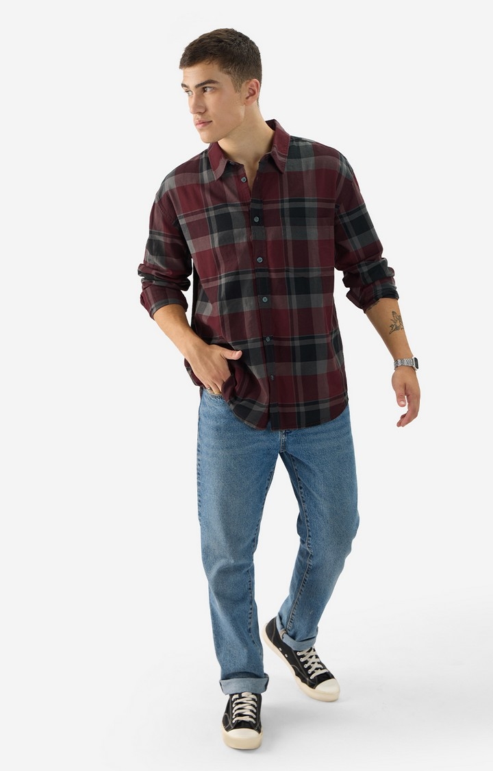Men's Red, Grey Relaxed Casual Shirt