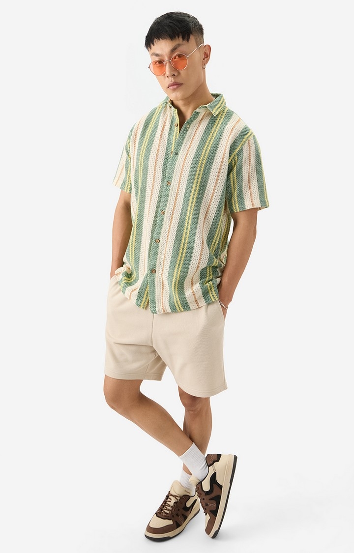 Men's Stripes Green, White, Yellow Half Sleeve Casual Shirt
