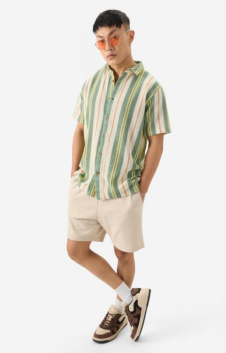 The Souled Store | Men's Stripes Green, White, Yellow Half Sleeve Casual Shirt