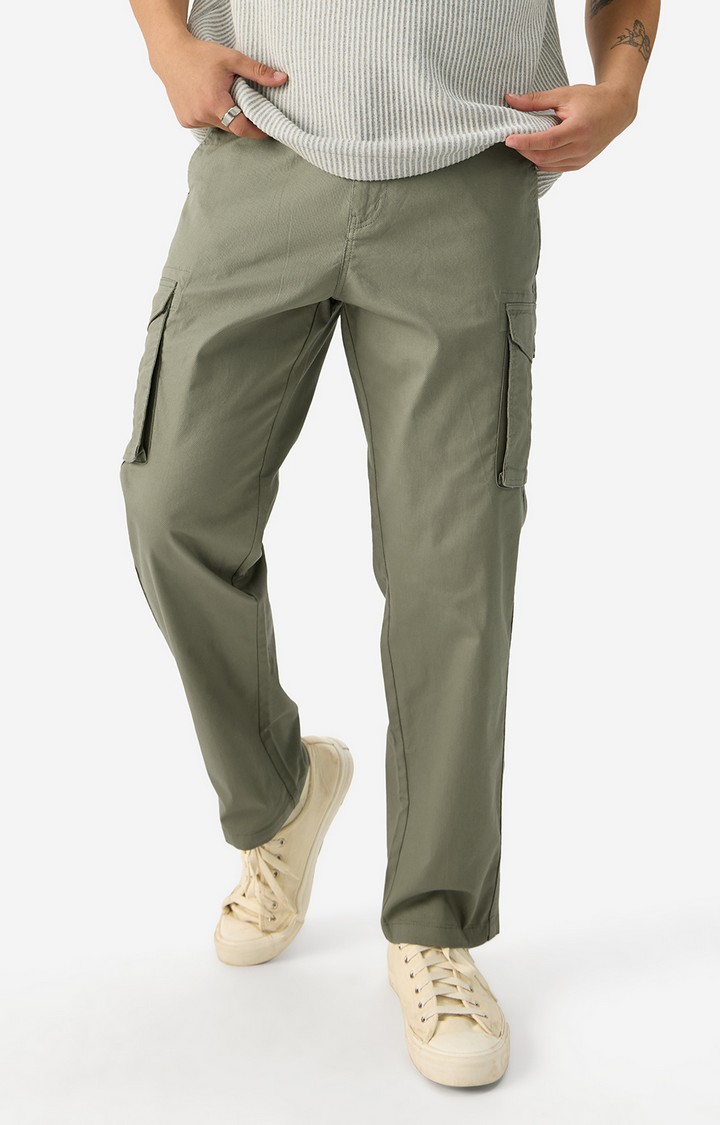 The Souled Store | Men's Solids Light Olive Cargo Pants