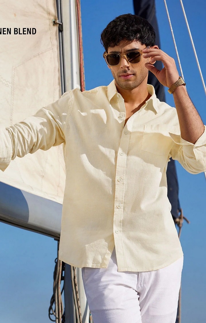 Men's Solids: Off-White Cotton Linen Shirts