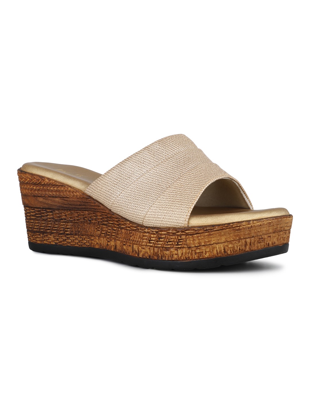 Women Golden Party Wear Solid Pattern Round Toe Wedge Heel Sandals