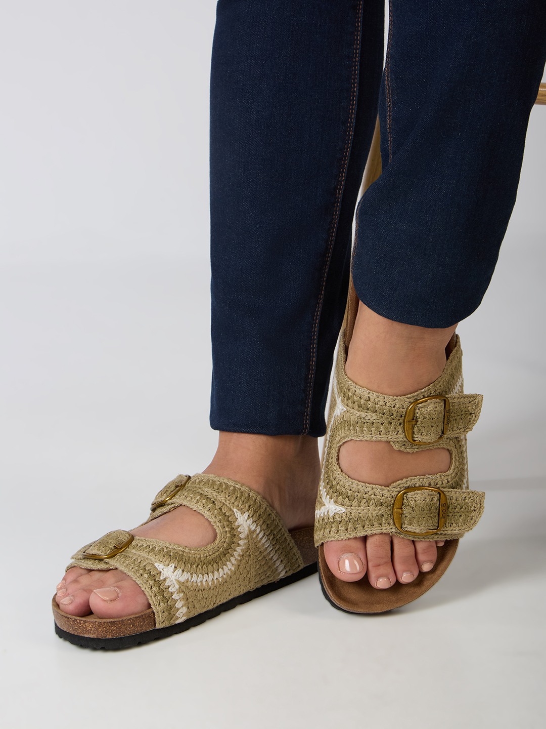 Womens Green Ethnic Embellished Open Toe Flat Slip-On Sandals