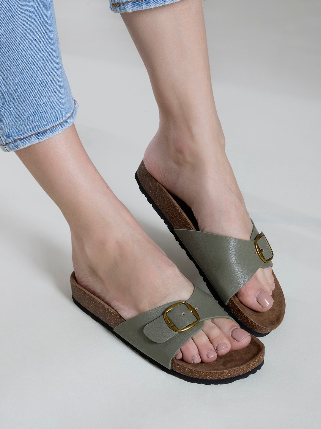 Womens Green Casual Solid Open Toe Flat Slip-On Sandals