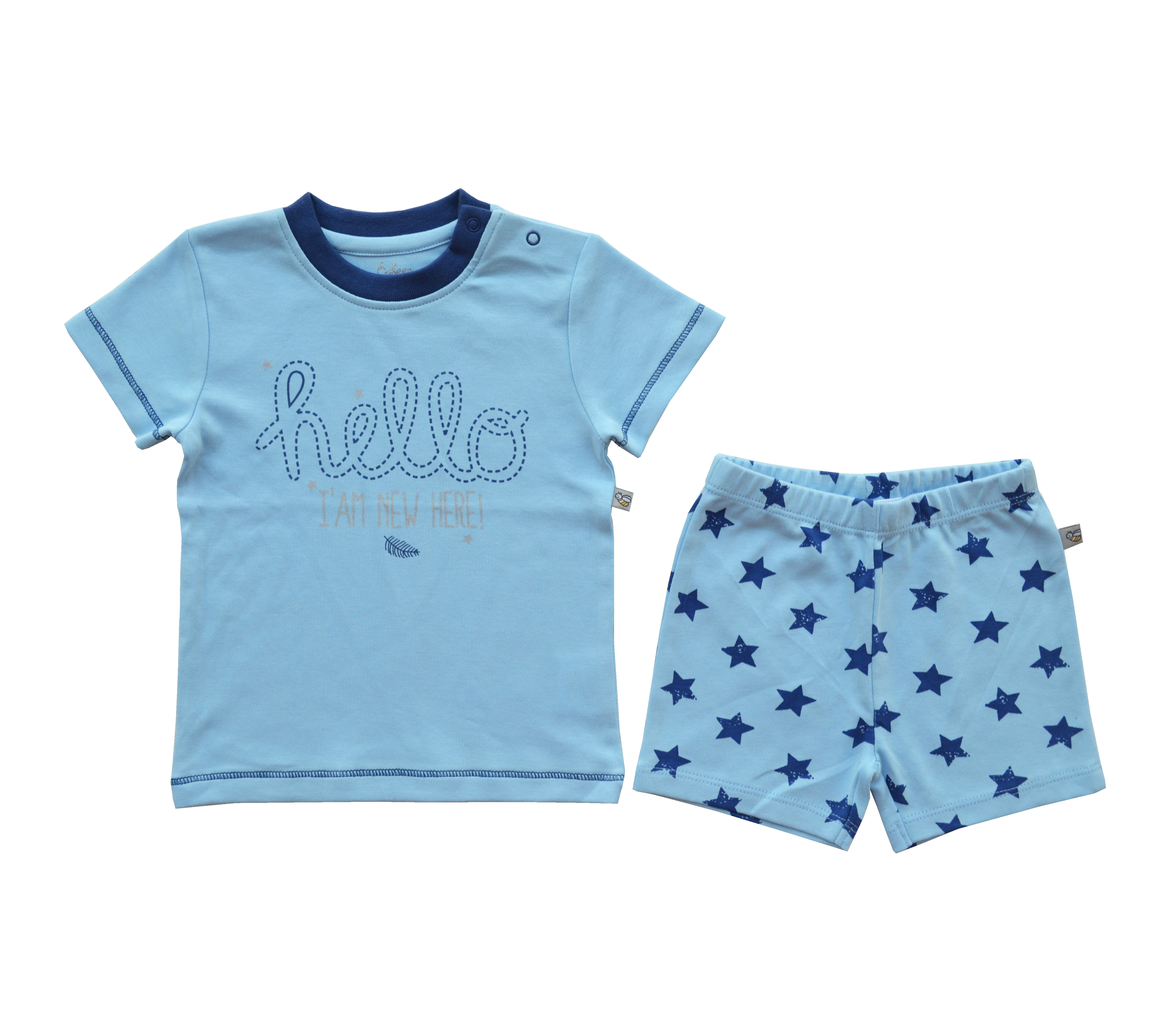 Babeez | Blue Hello Print T-Shirt + Allover Star Print Shorty Set (100% Cotton Interlock Biowash) undefined
