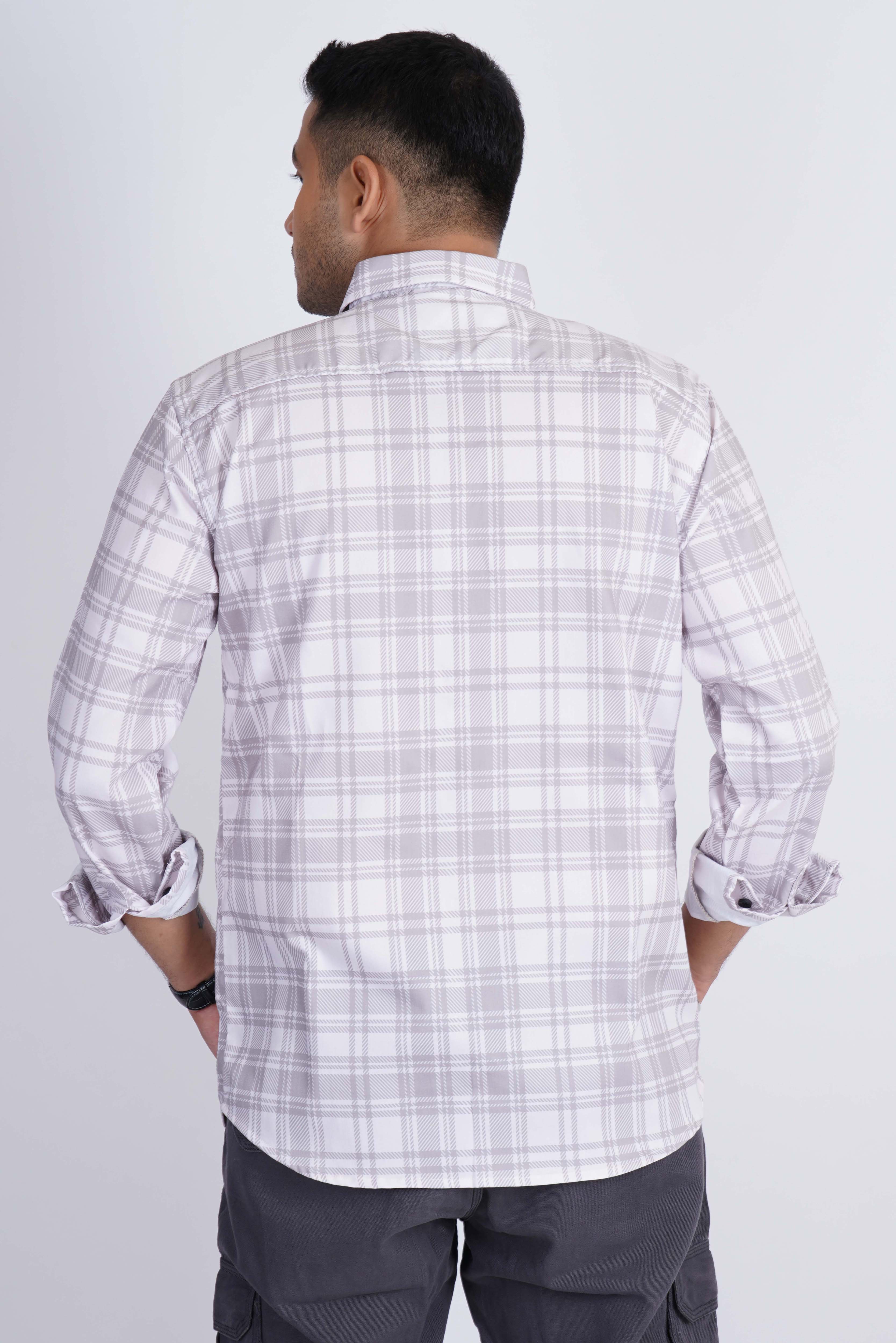 Off White Grey Small Checks Imported Lycra Shirt
