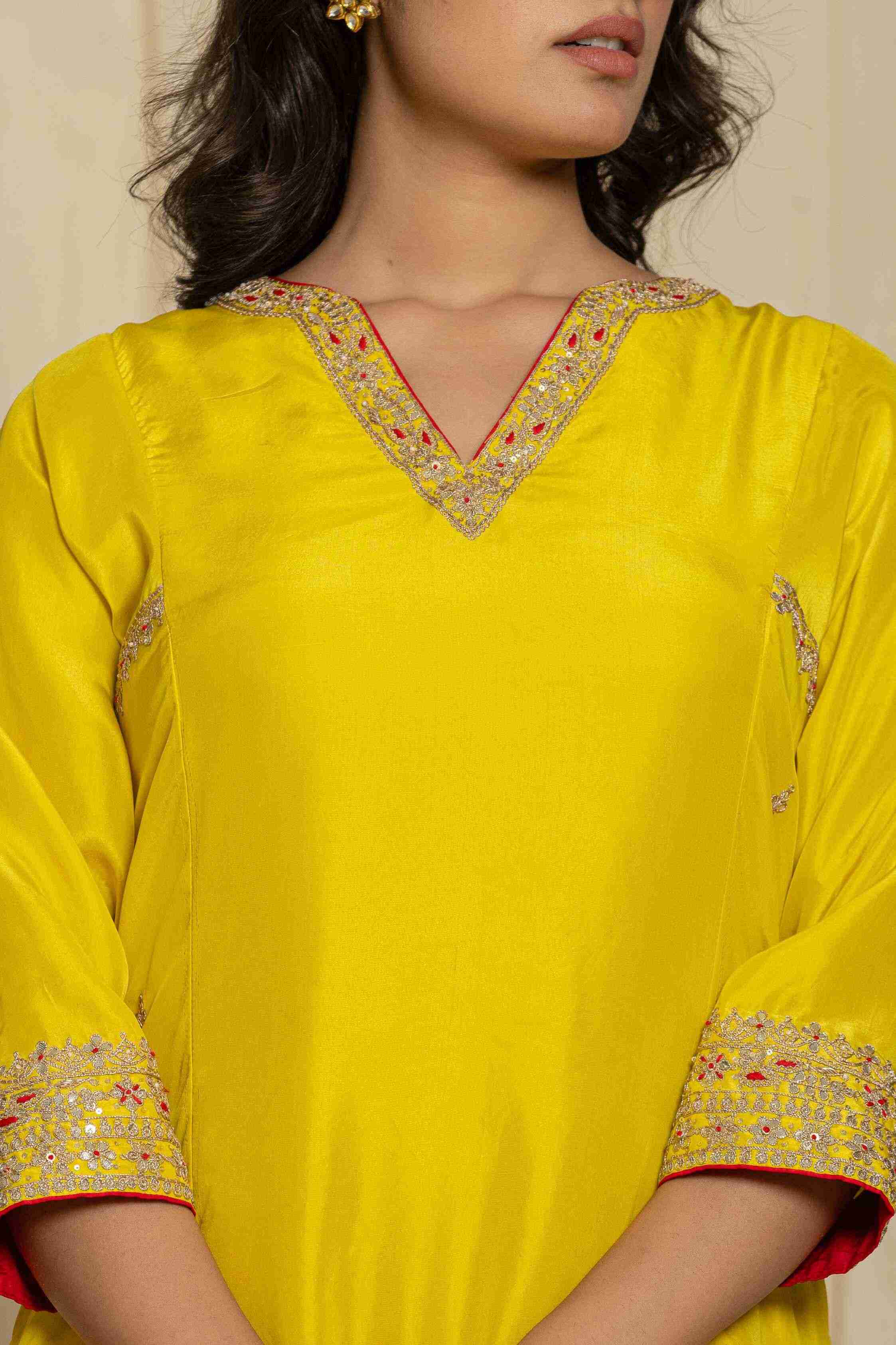 Red-yellow silk handwork kurta set