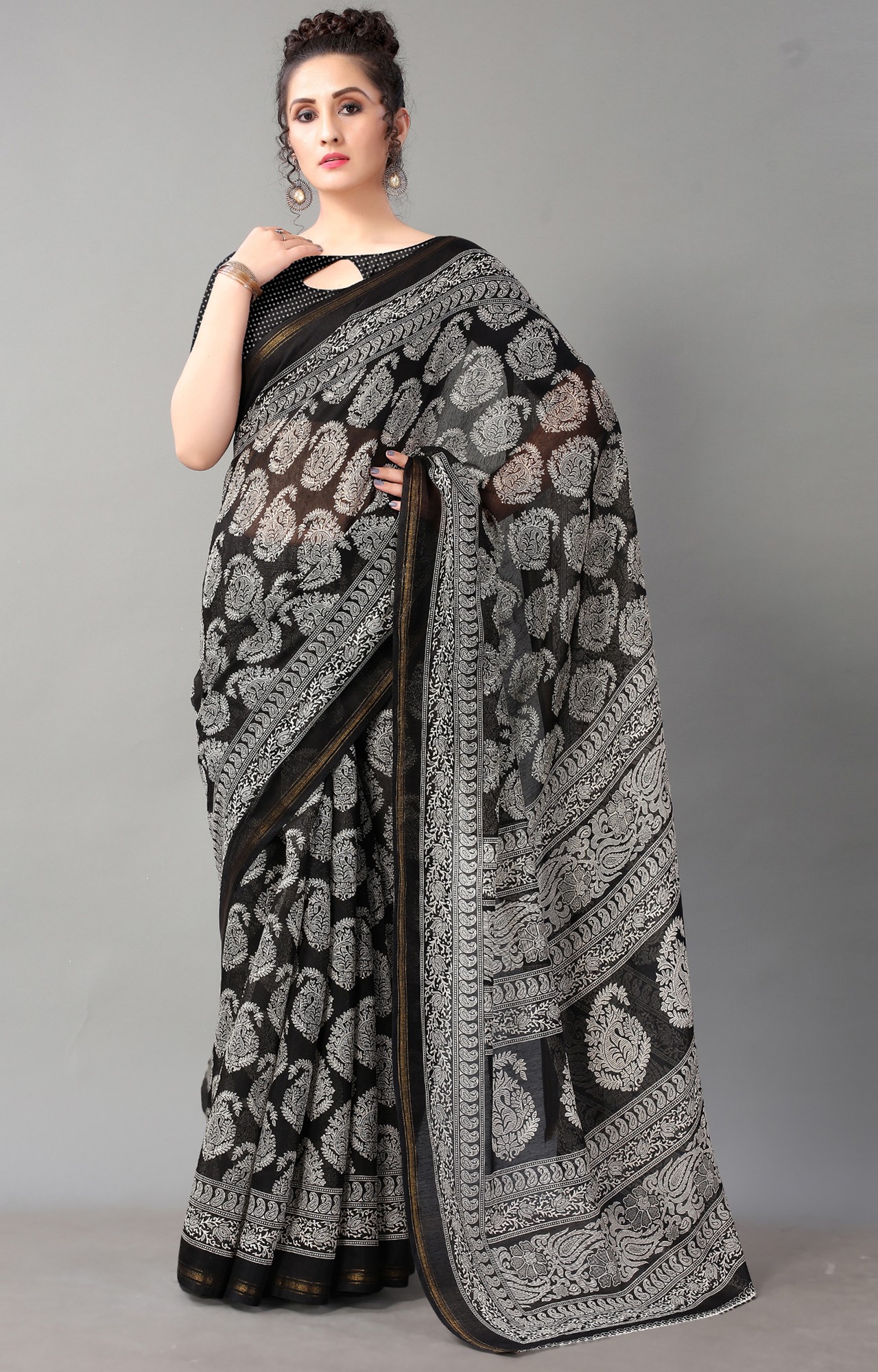 Women Black Batick Block Print Casual Wear Saree-HAL21CTN00036BLCK
