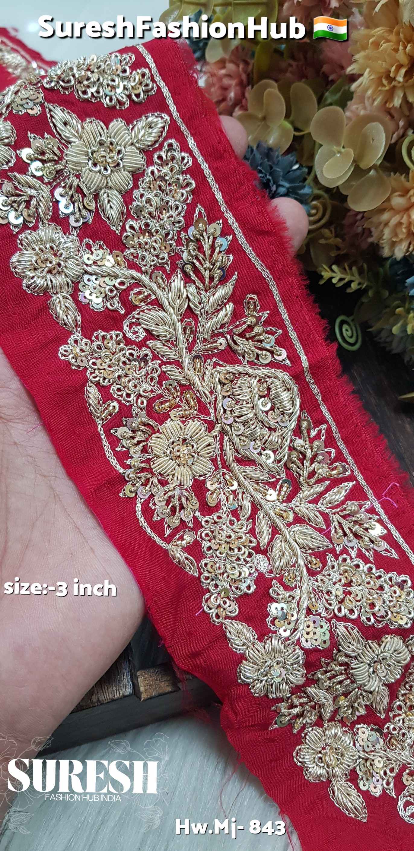 Red Zardosi Floral Border – Mj-843