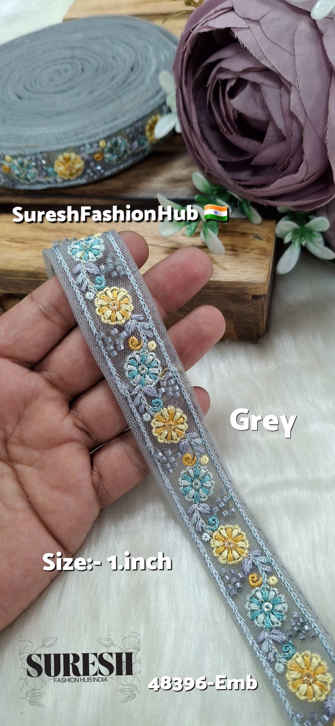 Grey Multicolor Thread Bead Embroidery Lace