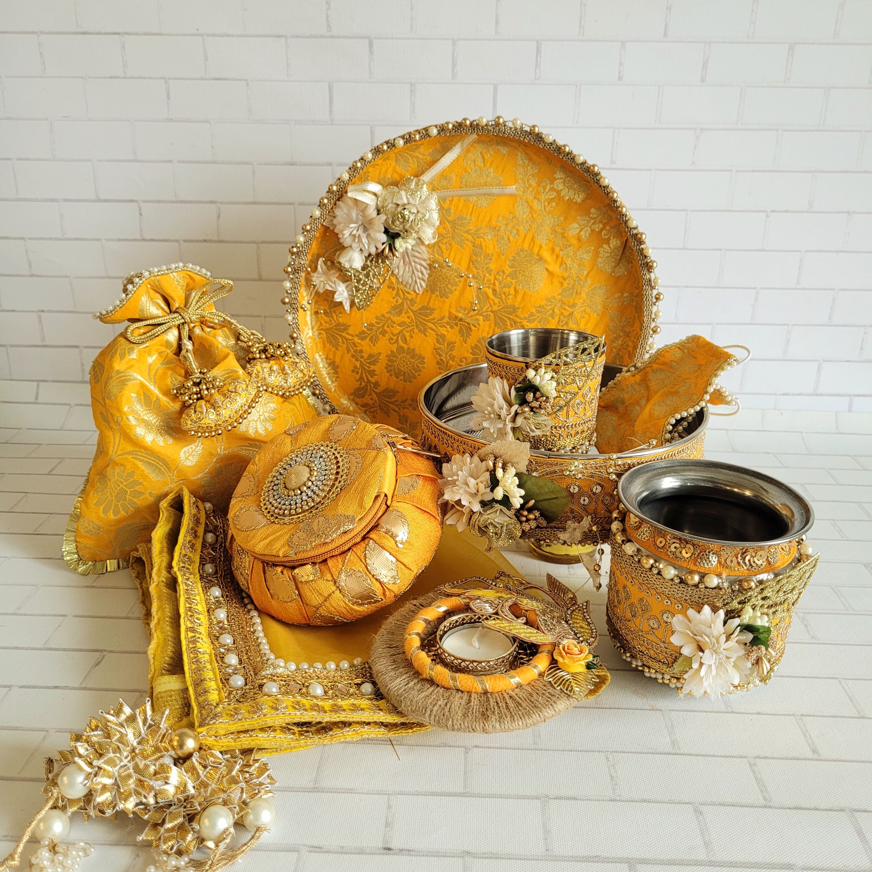 Yellow & Gold Floral Brocade Karva Chauth Thali Set