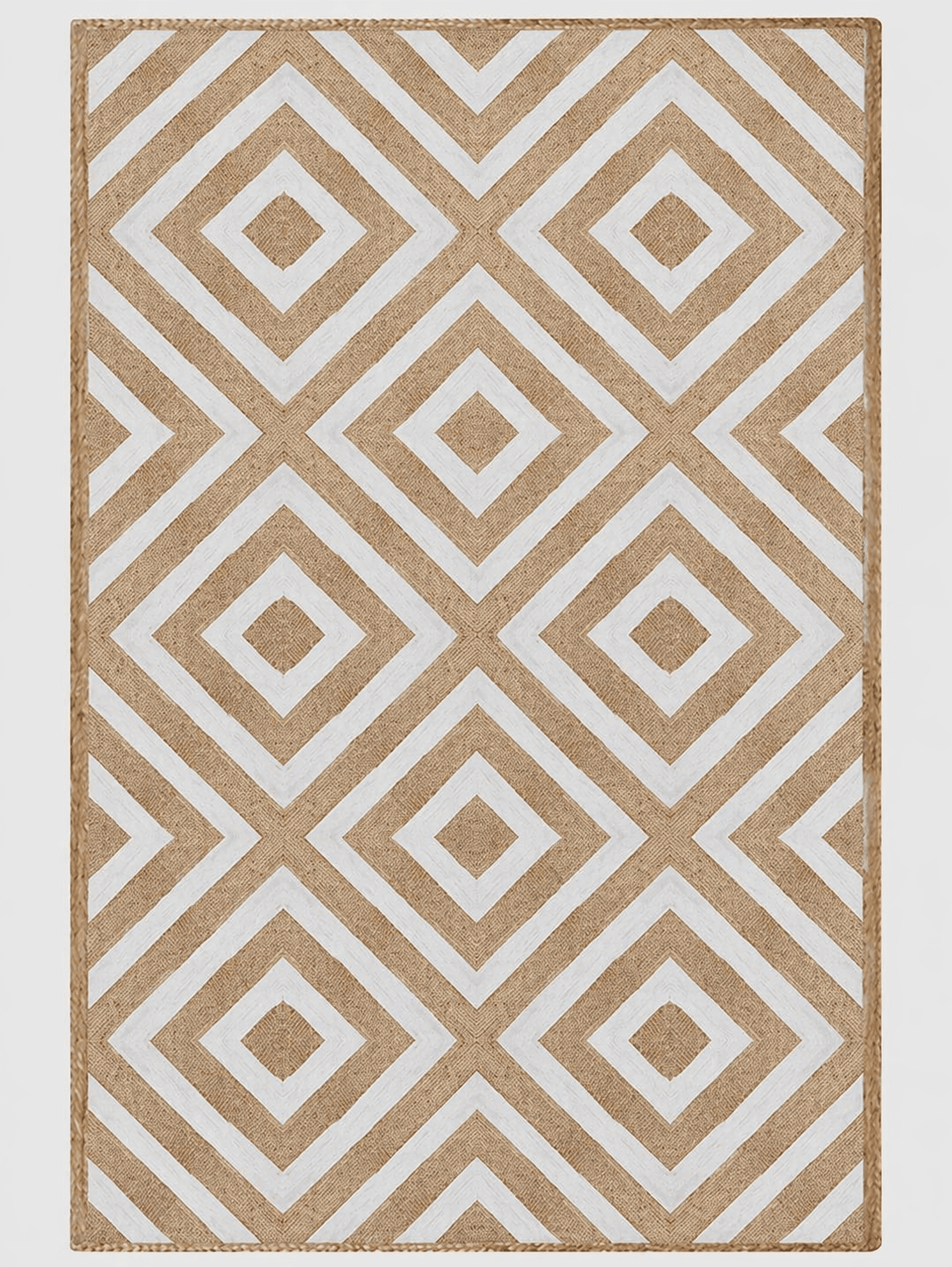 Handwoven White & Natural Jute Diamond Pattern Area Rug in White & Natural | Geometric Eco-Friendly Braided Jute Carpet for Living Room, Bedroom & Dining Room