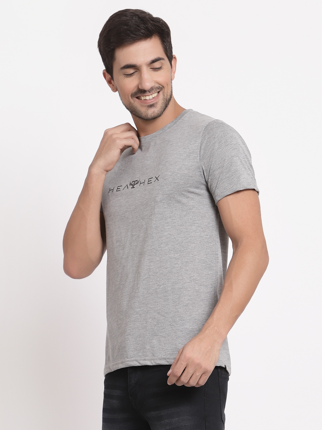 HEATHEX | HEATHEX Cotton Blend Printed Half Sleeve Light Grey T-Shirt for Men 2