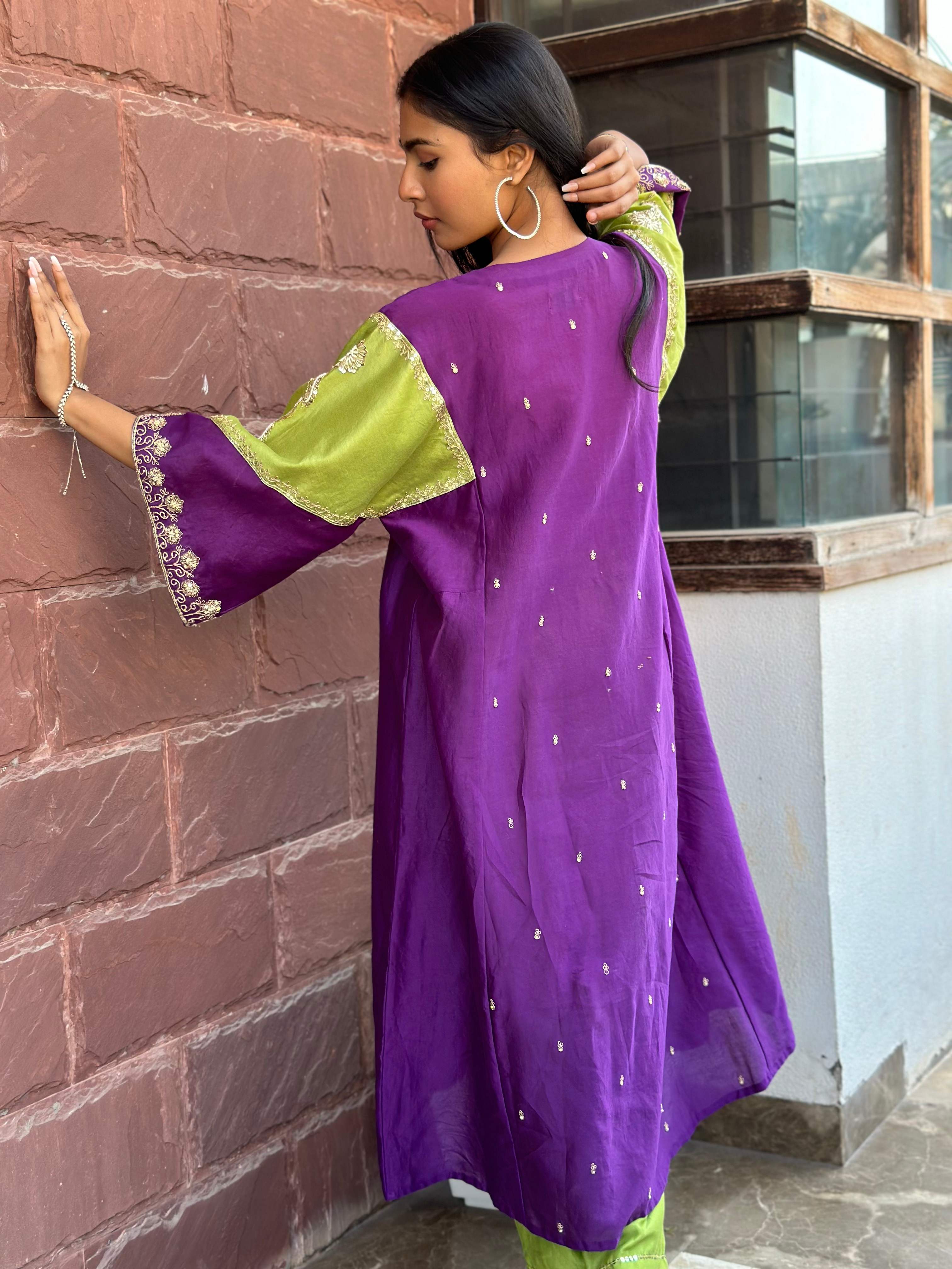 PURPLE-GREEN HANDWORK KURTA SET