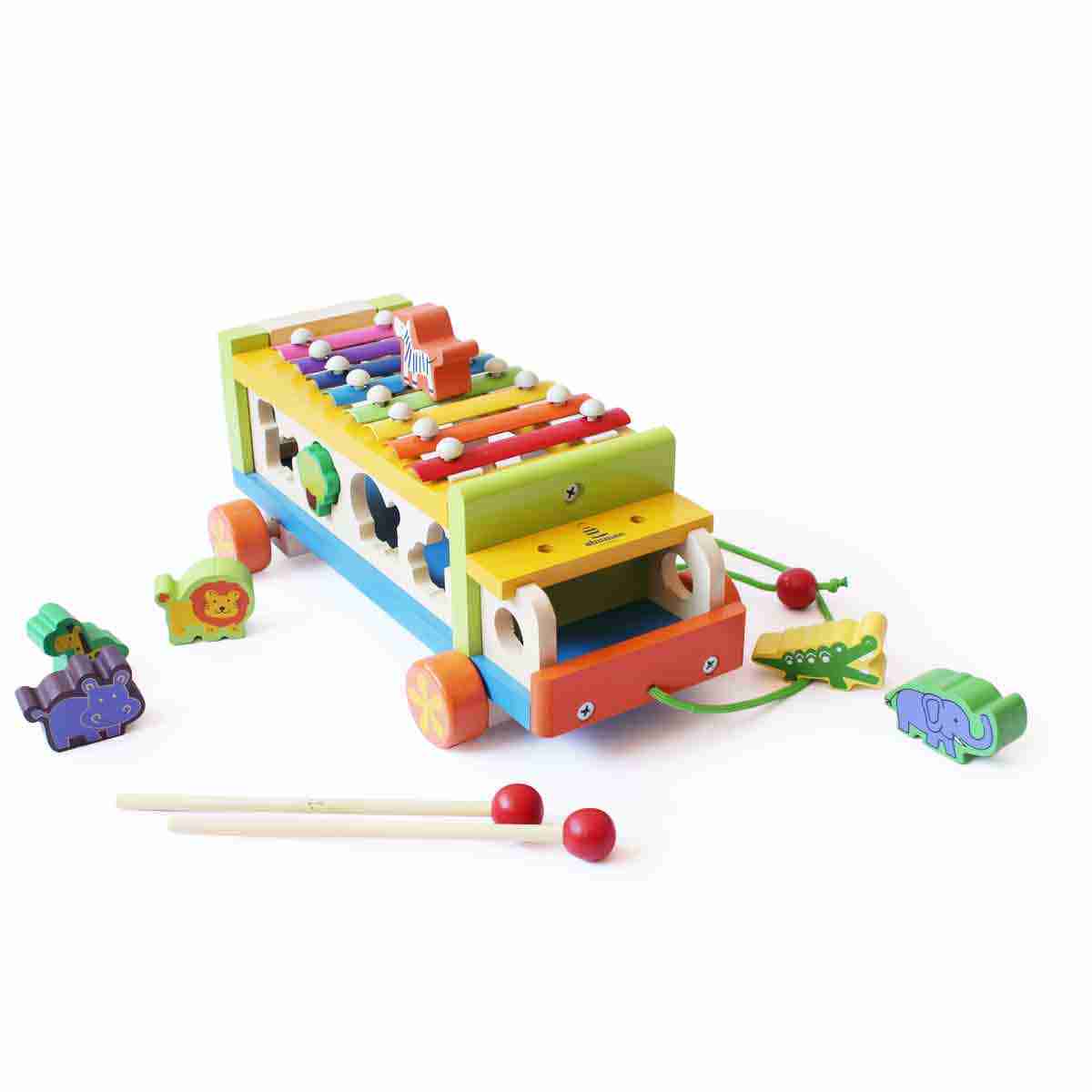 Shumee Wooden 3-in-1 Pull-Along Musical Animal Shape Sorting Truck Toy, 2Y+