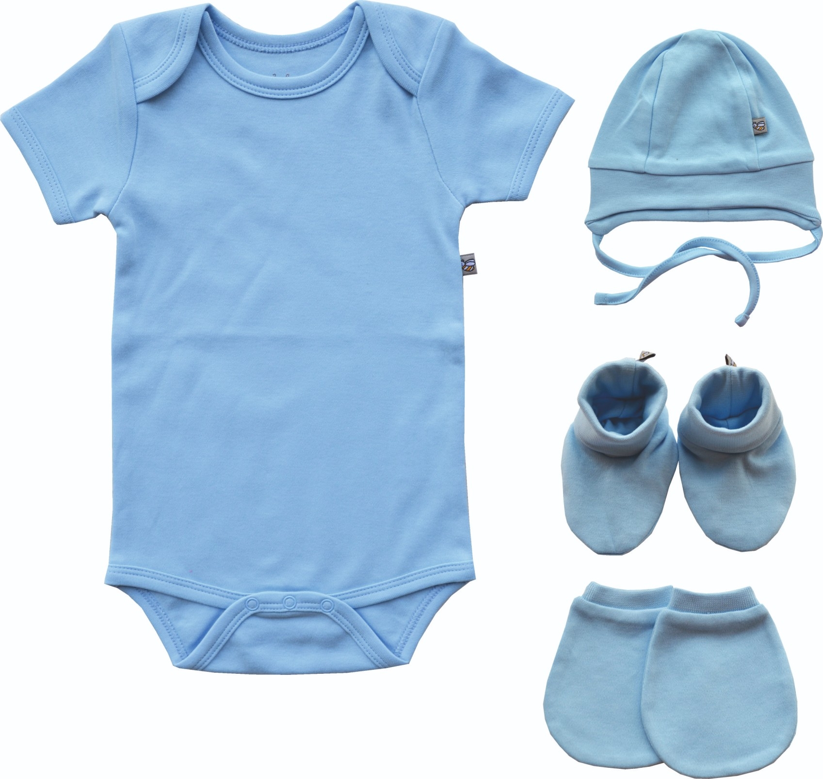 Blue Baby Romper/Onesie+Blue Cap+Bootie Mitten Set (100% Cotton)