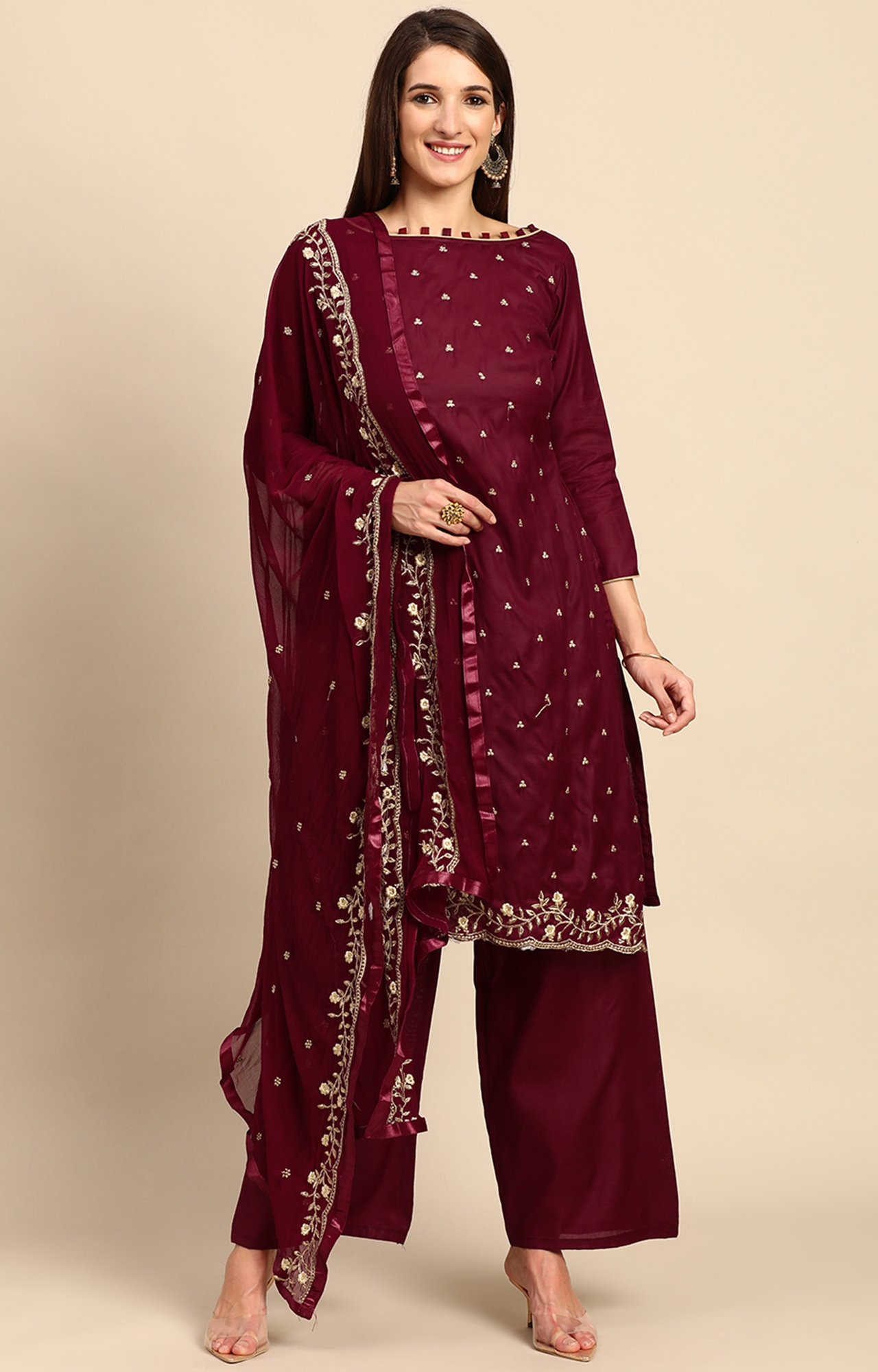 Shaily Women Maroon Color Cotton Embroidered Unstitched Dress Material-VF_MIRZA_MRON_DM
