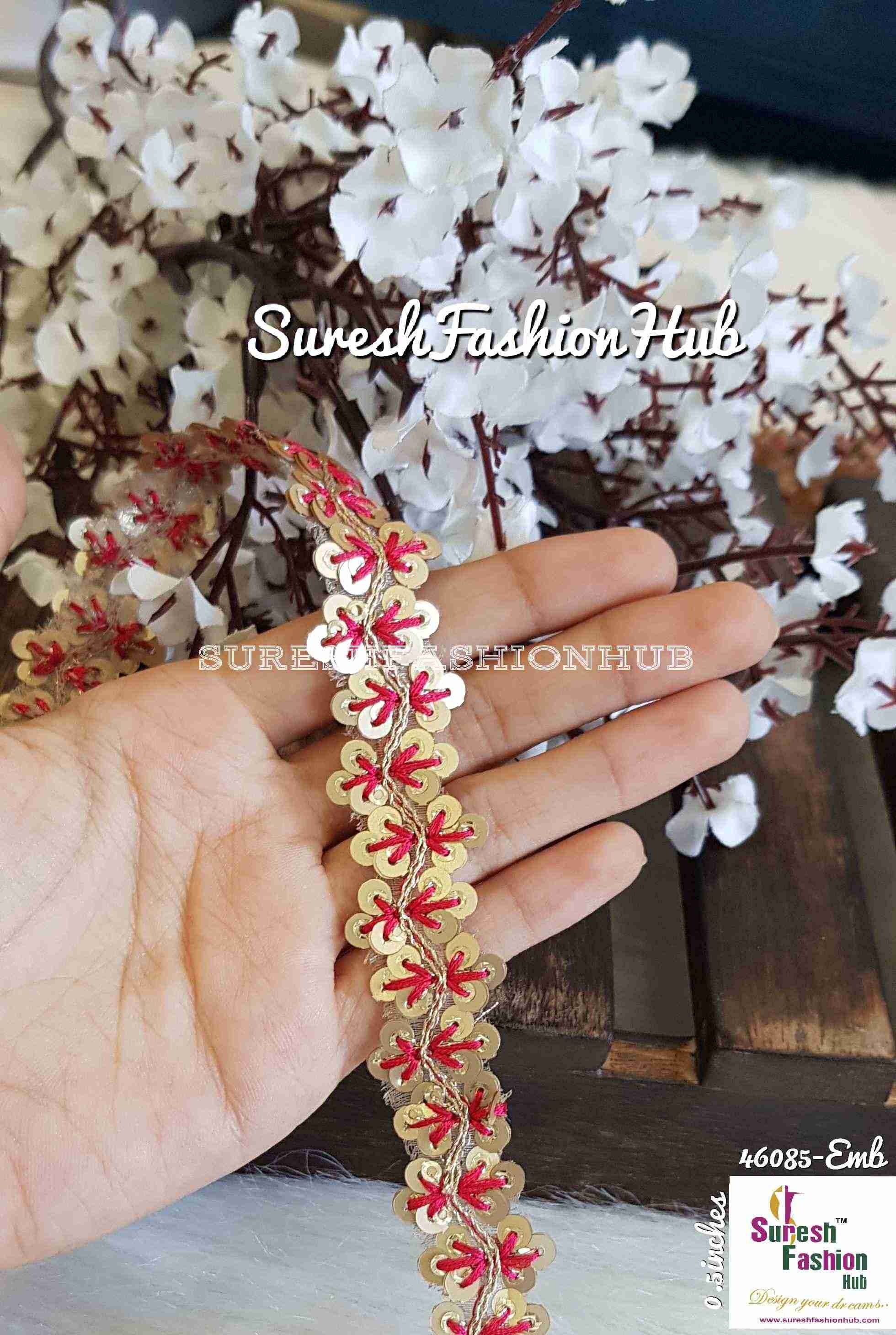 Sequence Dark Pink Thread Embroidered Leaves Designer Trim