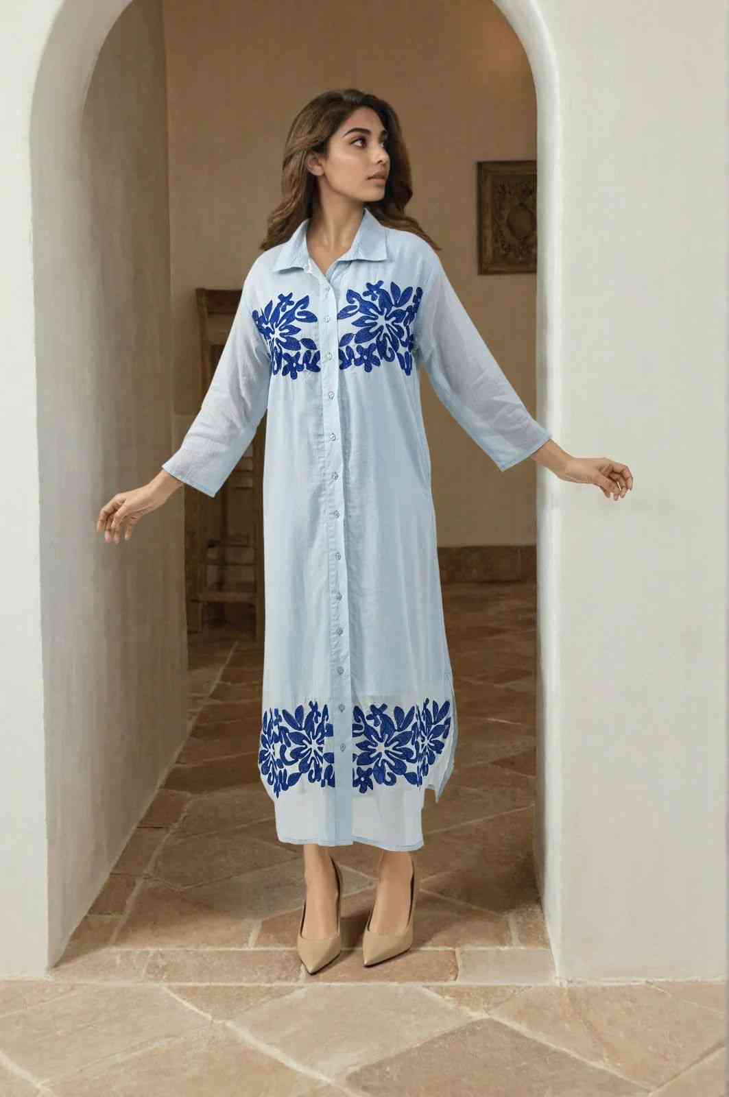 Blue appliqué work Mul cotton lining smart shirt dress