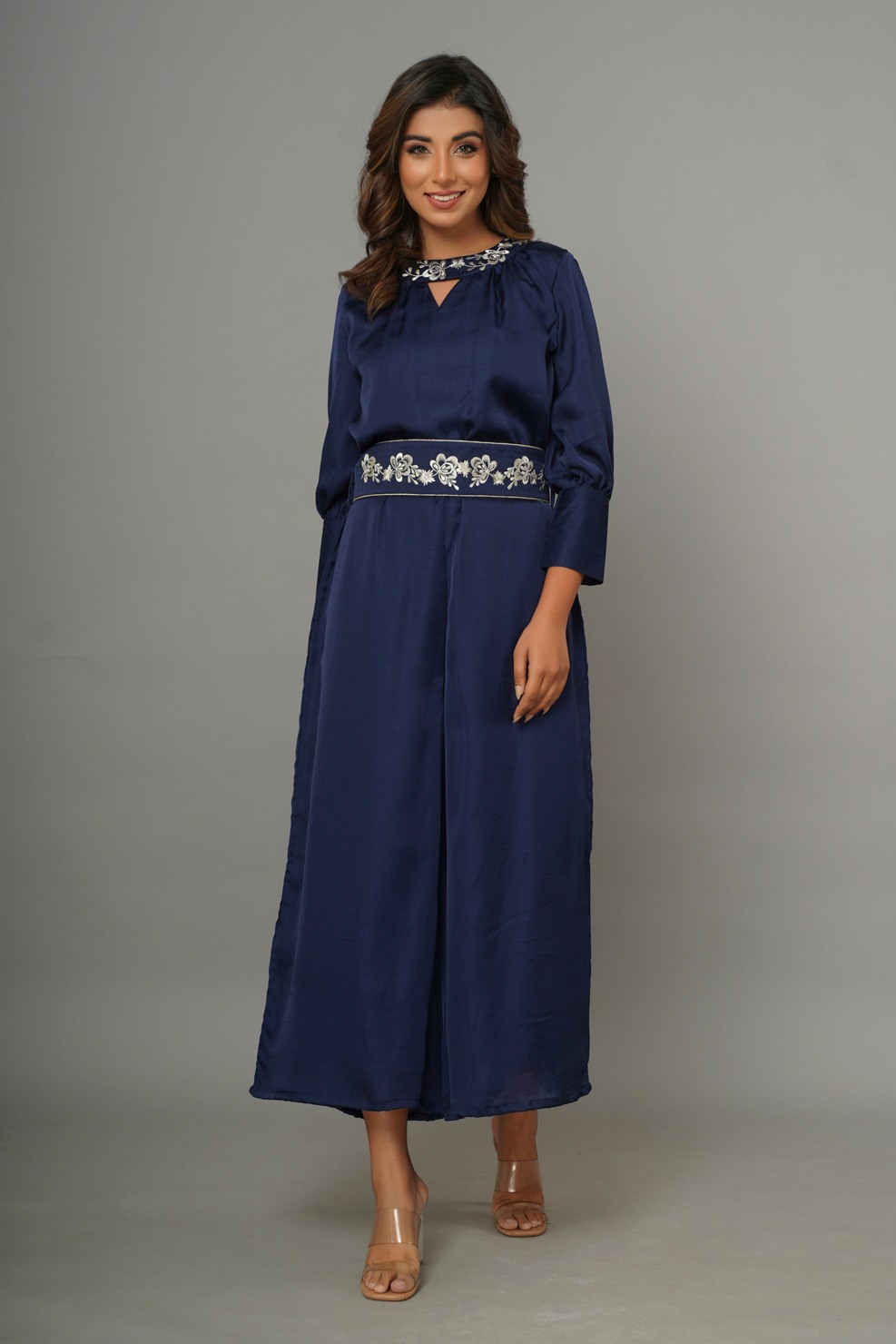 Blue Embroidery Work On Collar And Embroidery Belt Jumpsuit
