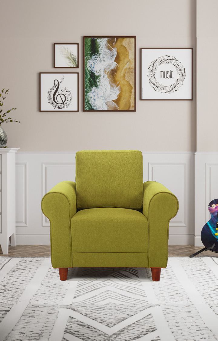 neudot Melody Sofa for Living Room |1 Person Sofa|Premium Fabric with Padded Cushioned Armrest |Solid Wood Frame|1 Seater in Mellow Green Color