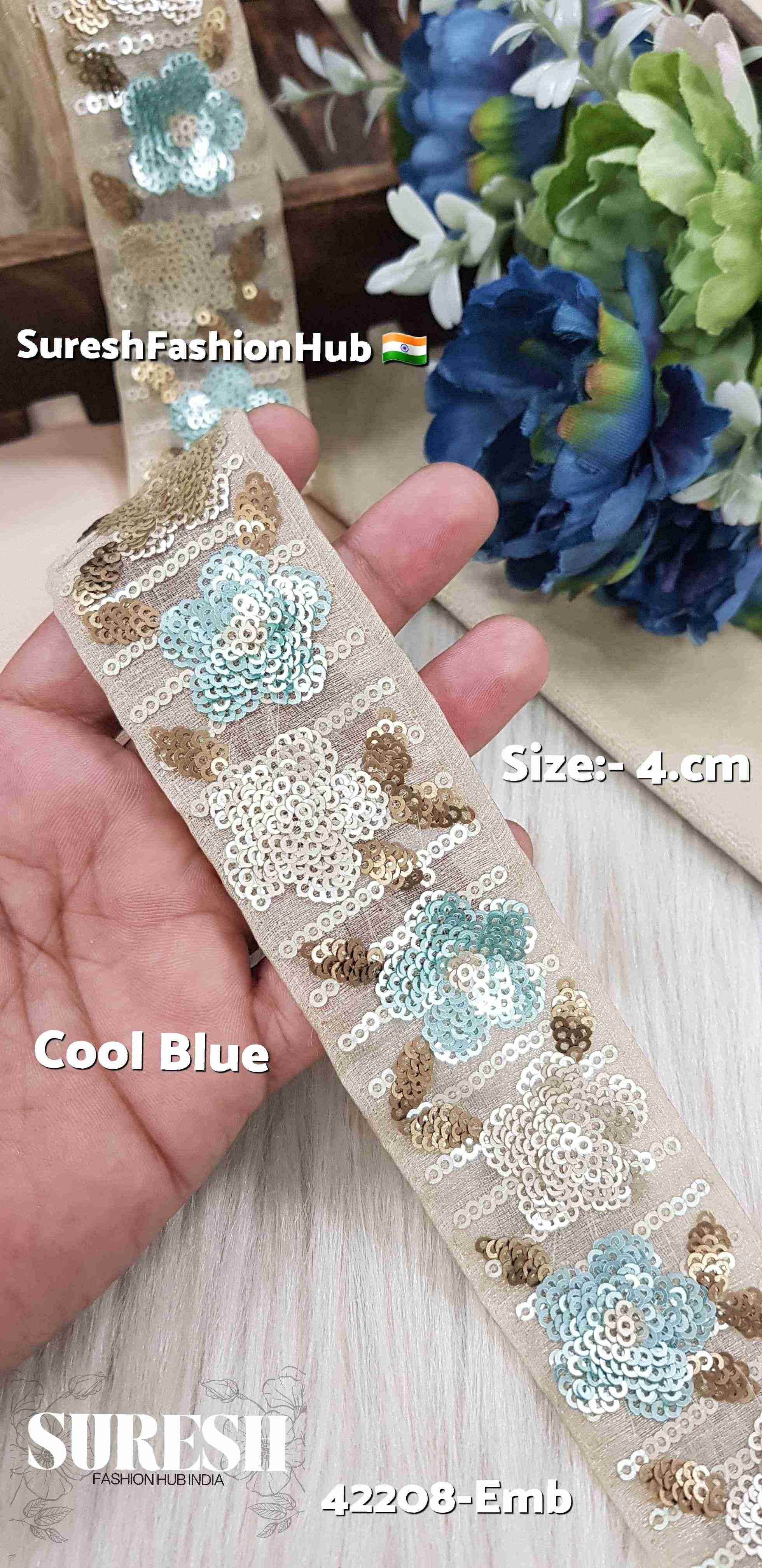 Cool Blue Floral Sequin Organza Lace
