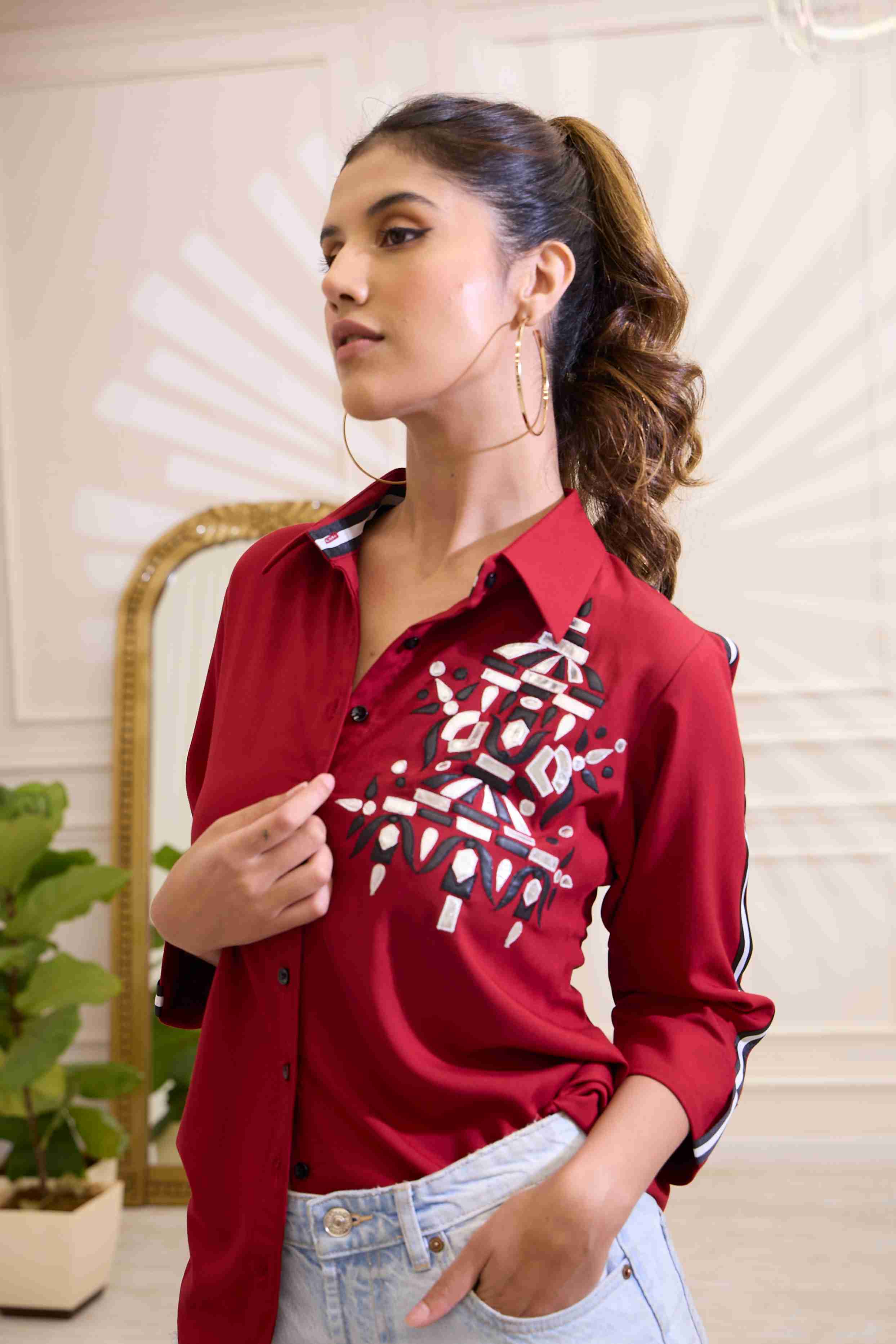 Maroon Embroidered Cotton Shirt