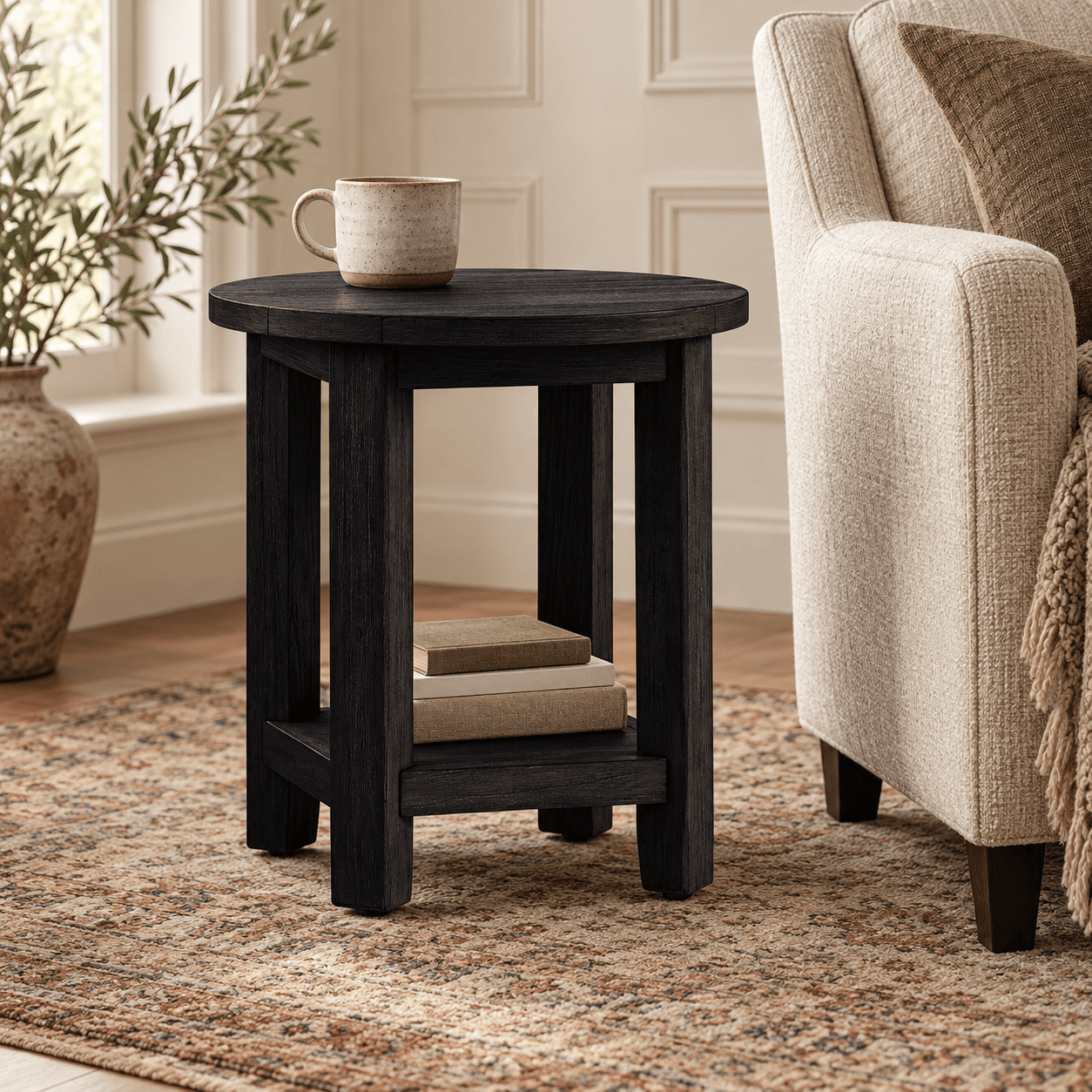 Pottery Barn | Benchwright Round End Table, Blackened Oak