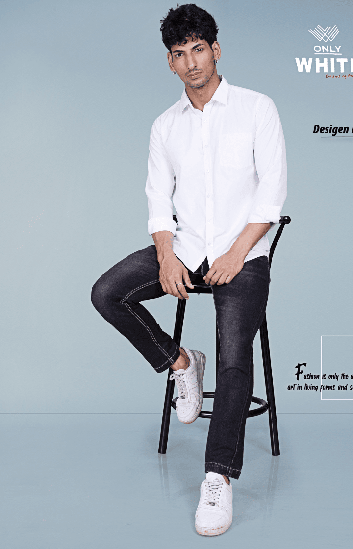 Only White Plain Men's White Neck Shirts