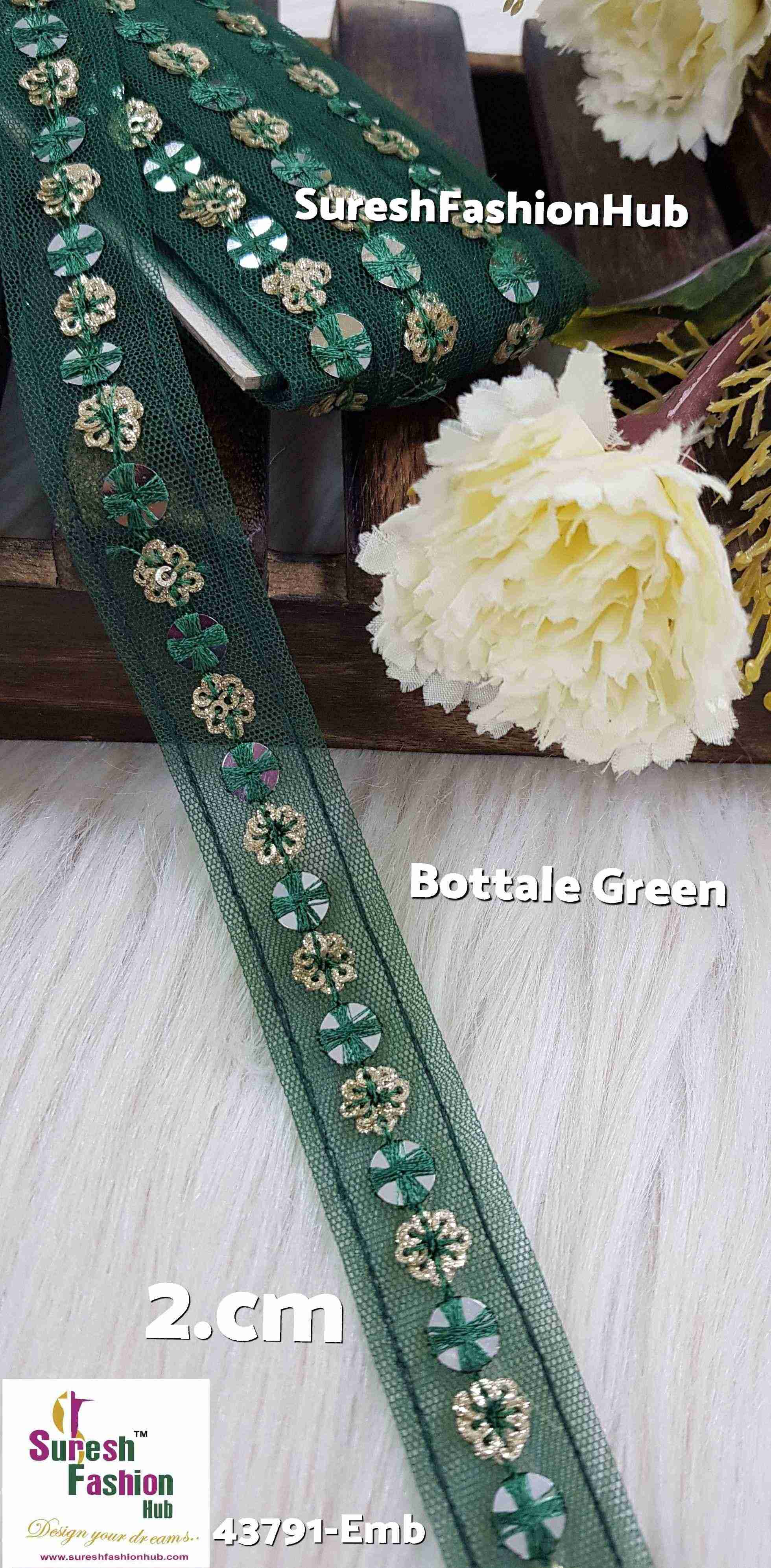 Bottle Green Embellished Floral Lace Trim