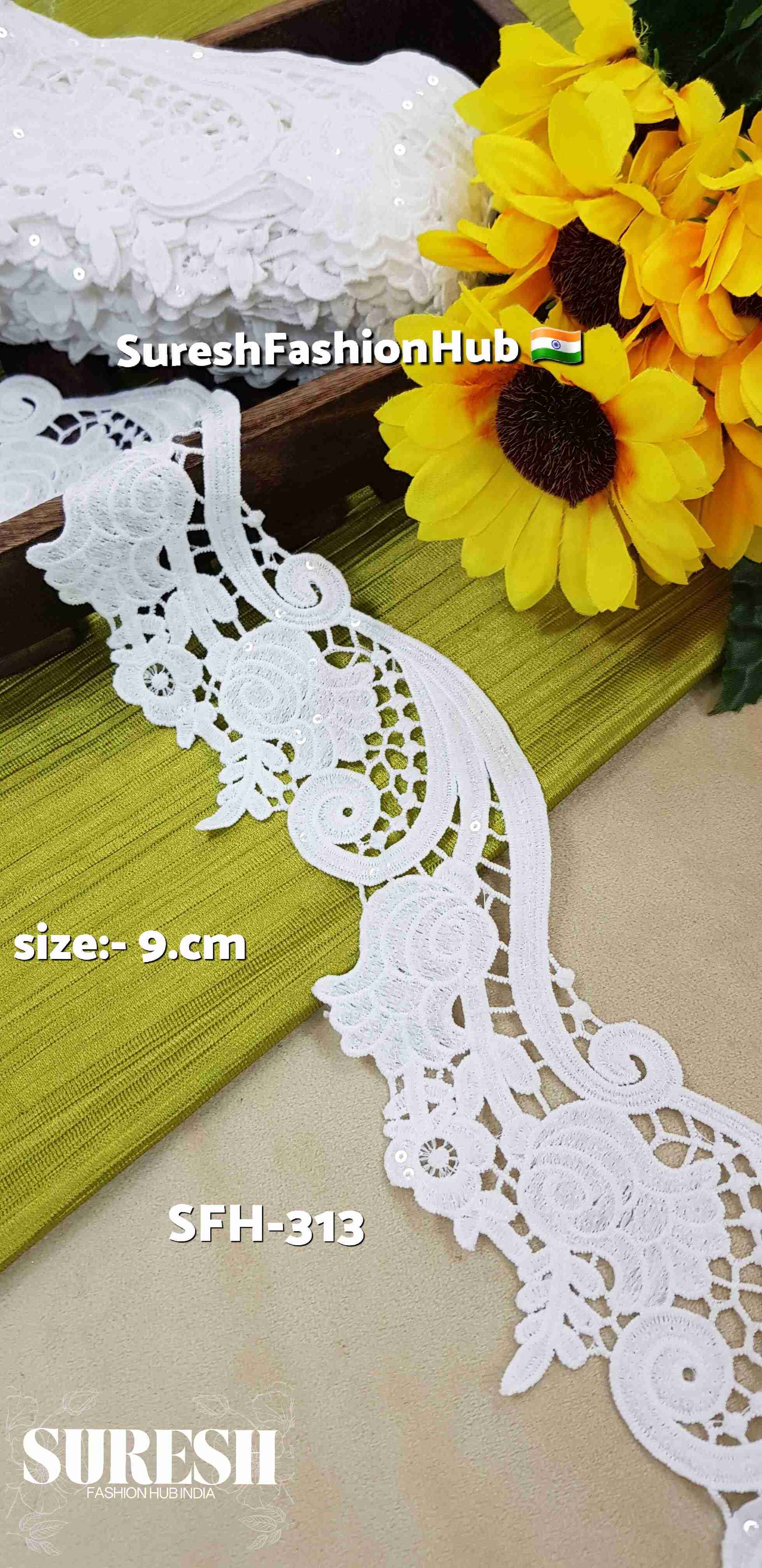 White Floral Cutwork GPO Lace with Transparent Sequins