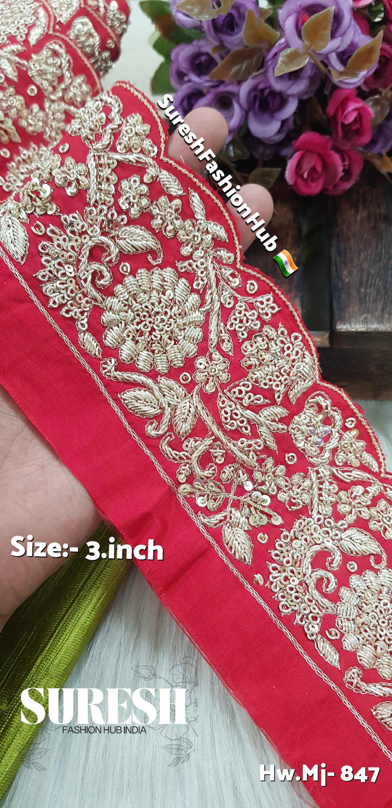 Red Floral Zardorsi Scalloped Dhuppion Border – Mj-847