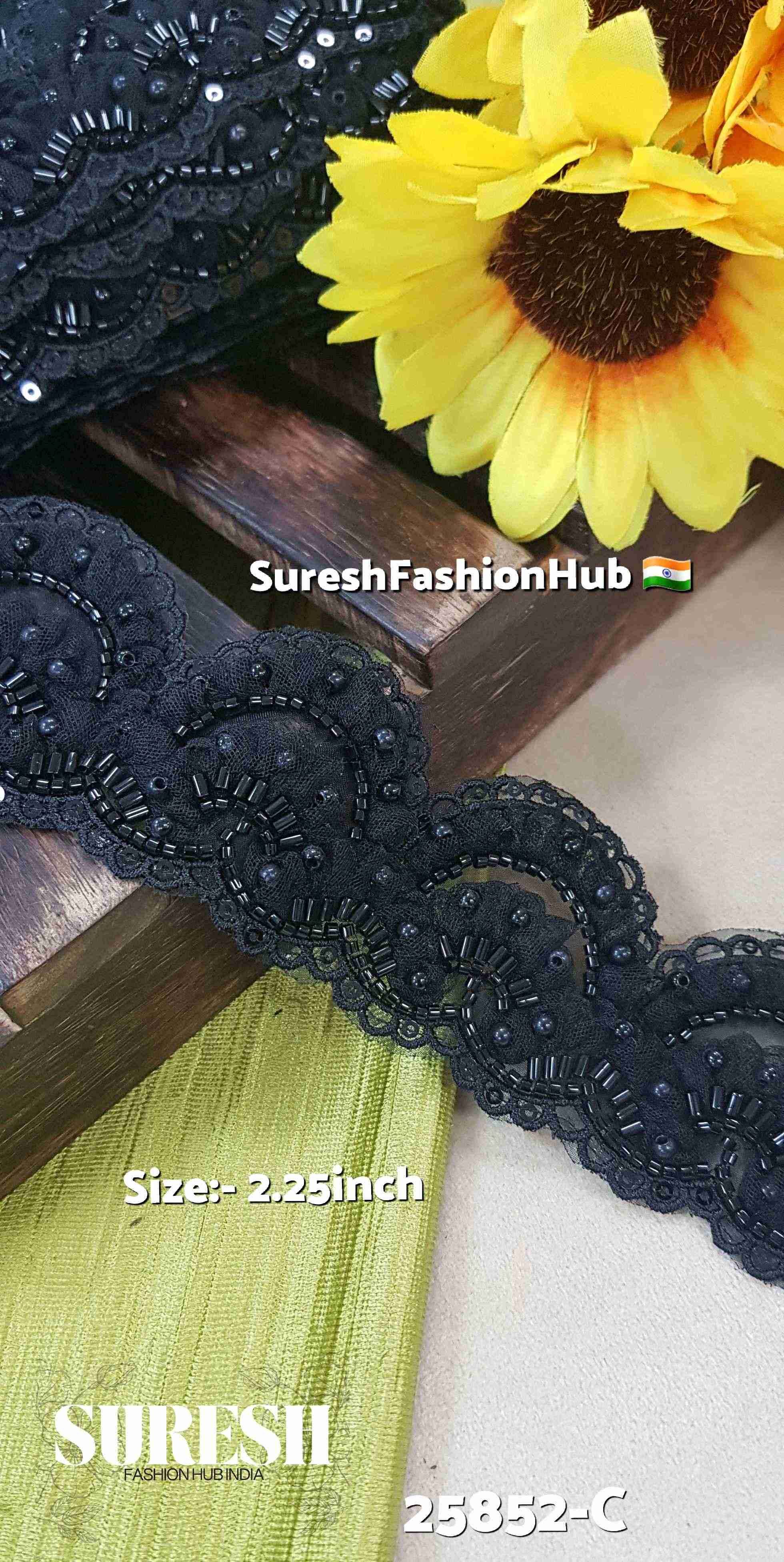 Black Imported Floral Scallop Organza Lace